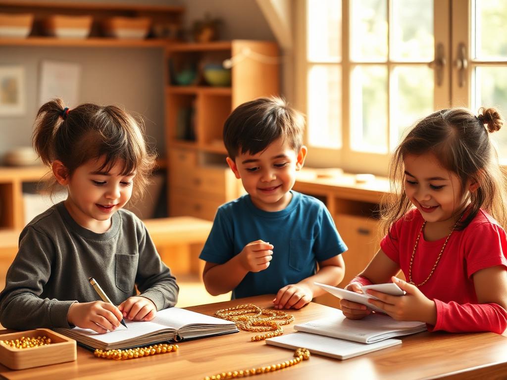 Alunos do Fundamental I trabalhando com material dourado e cadernos em sala de aula Montessori