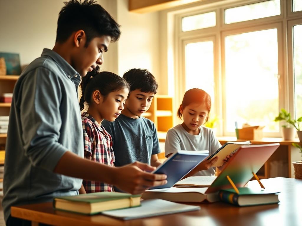 Estudantes do Fundamental II colaborando em um projeto de pesquisa com livros e materiais