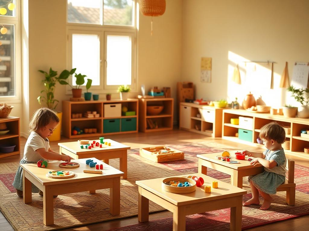 Crianças da Educação Infantil explorando materiais sensoriais em uma sala Montessori iluminada