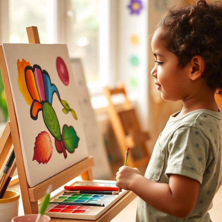 Criança pintando uma borboleta colorida em um cavalete no cantinho de artes