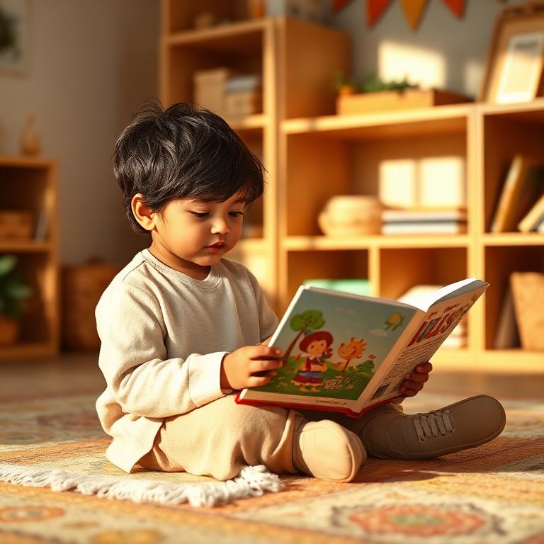 Criança lendo um livro de histórias sentada em um tapete aconchegante da sala