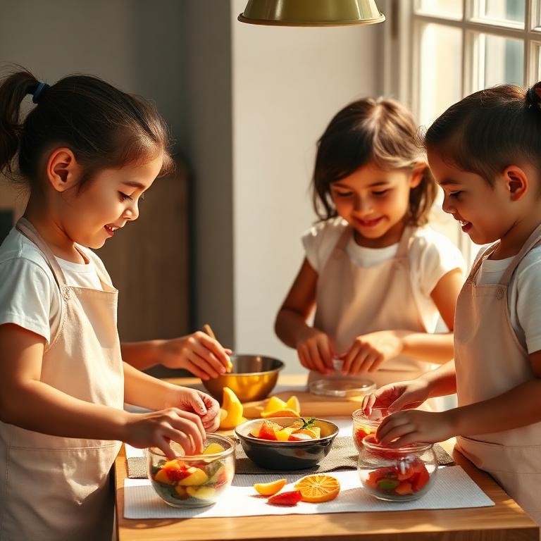 Crianças preparando salada de frutas juntas em atividade de vida prática